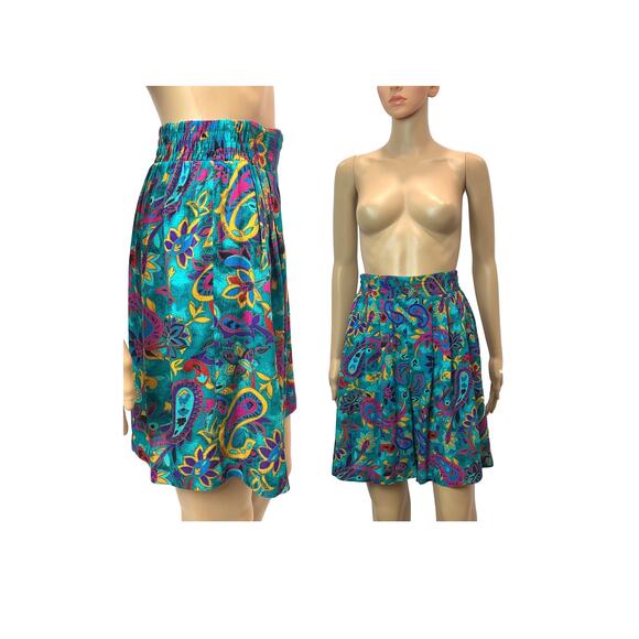 80s 90s High Waist Flowy Rayon Shorts Wide Leg Teal & Multicolor Floral Petite - Picture 10 of 10